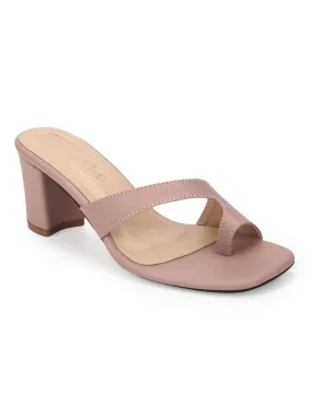 Nude PU Square Toe Block Heel Mules