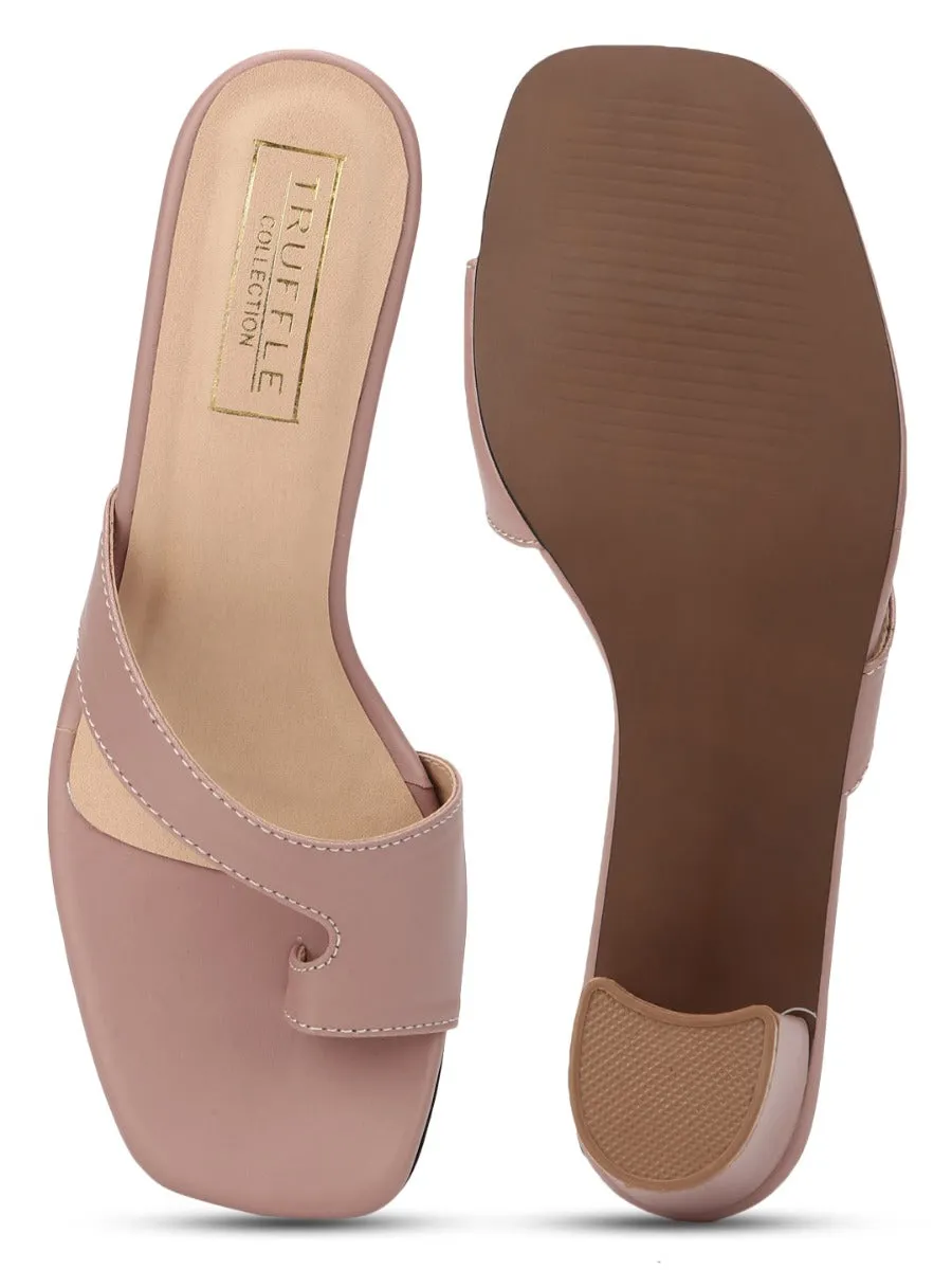 Nude PU Square Toe Block Heel Mules