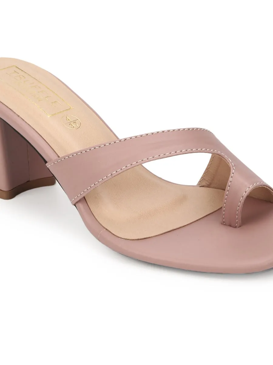 Nude PU Square Toe Block Heel Mules