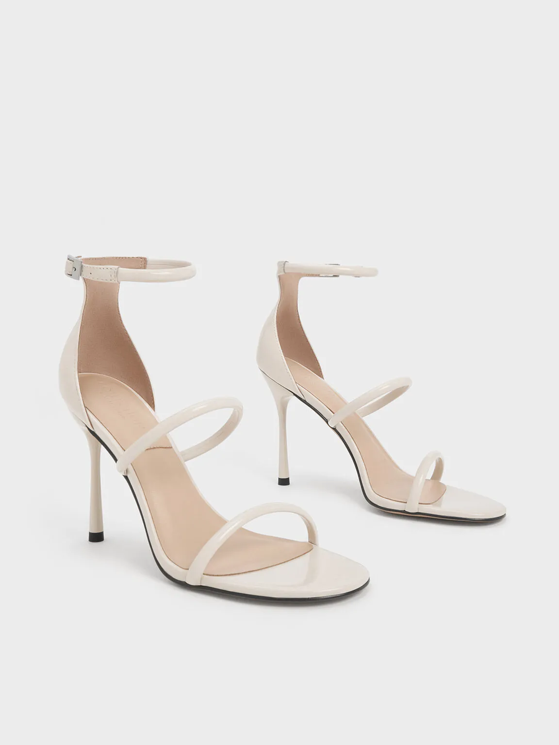 Patent Leather Triple Strap Heeled Sandals - Chalk