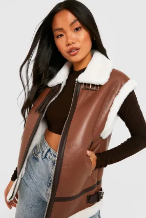 Petite Premium Faux Leather Aviator Vest