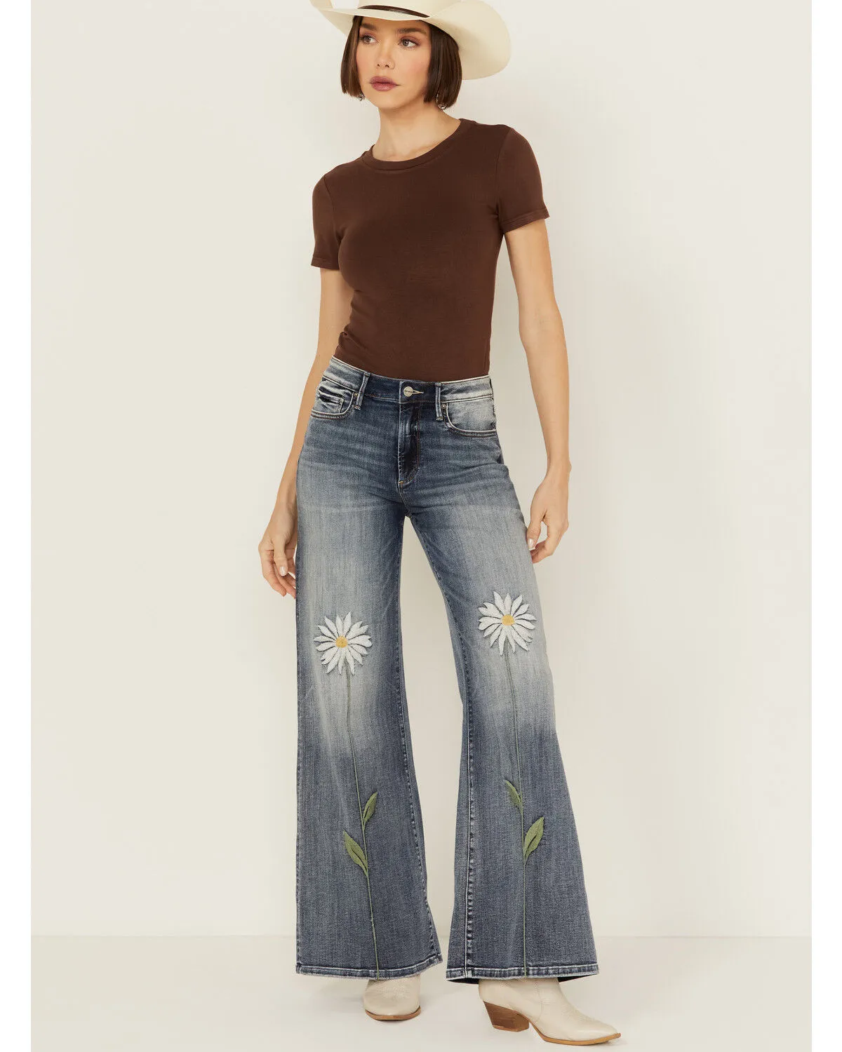 Product Name:  Driftwood Women's Penelope X Daisy Fields Medium Wash High Rise Destructed Flare Stretch Denim Jeans