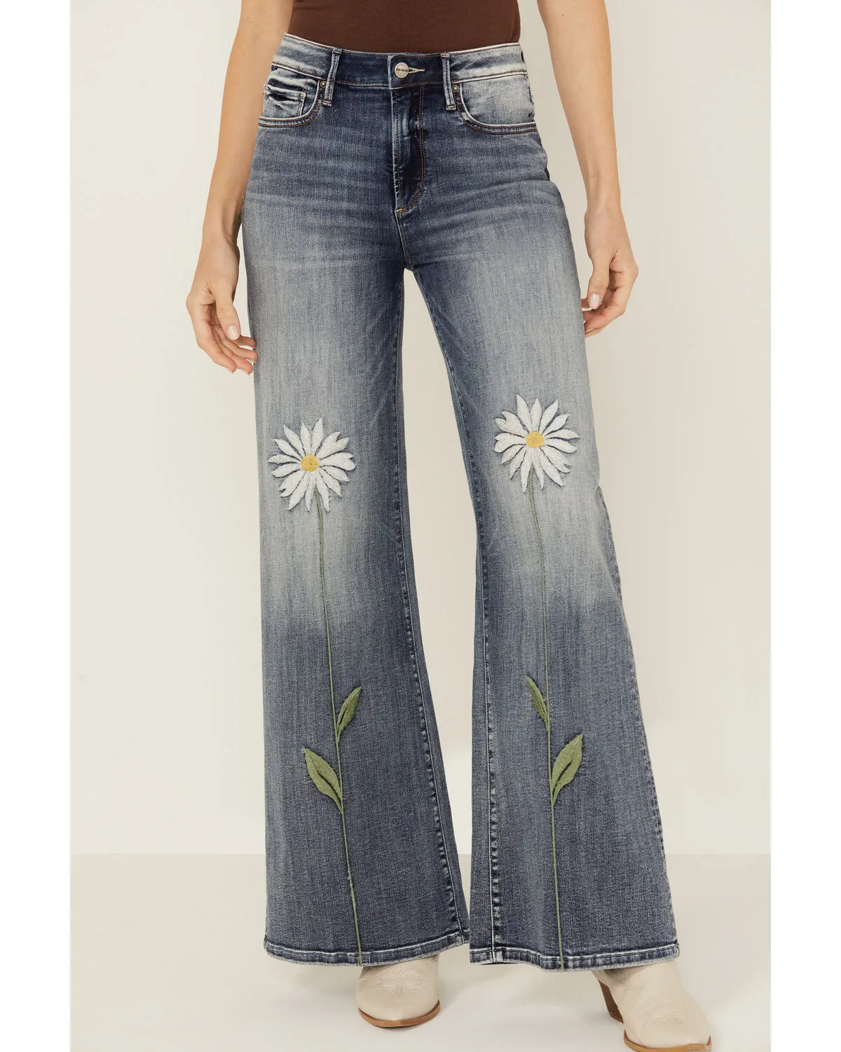 Product Name:  Driftwood Women's Penelope X Daisy Fields Medium Wash High Rise Destructed Flare Stretch Denim Jeans