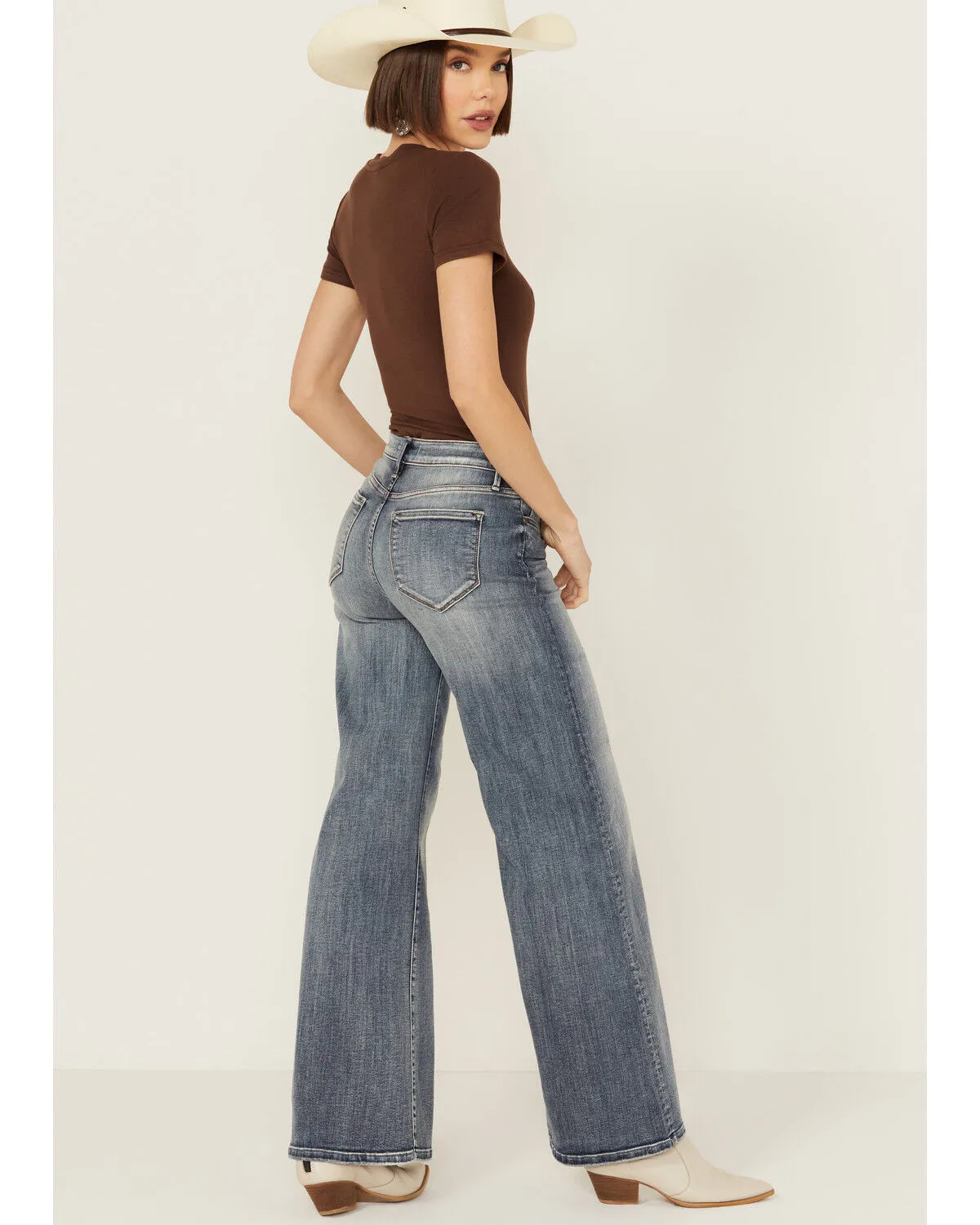 Product Name:  Driftwood Women's Penelope X Daisy Fields Medium Wash High Rise Destructed Flare Stretch Denim Jeans