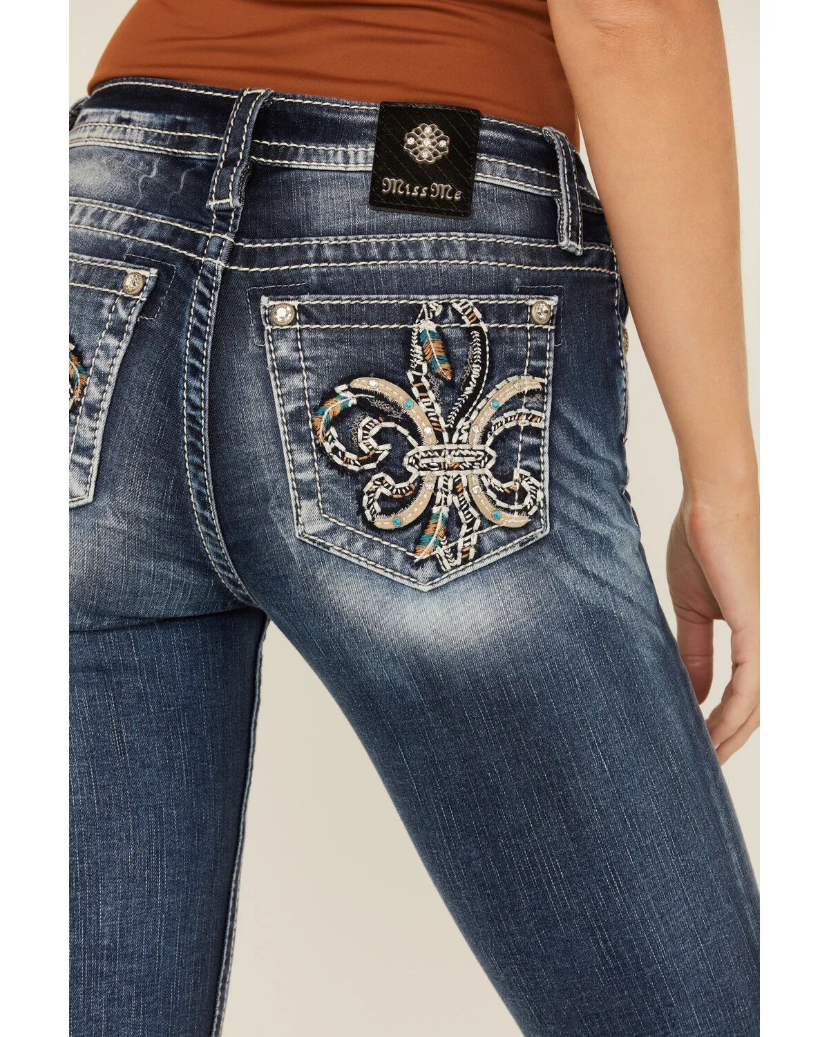 Product Name:  Miss Me Women's Dark Wash Mid Rise Embroidered Fleur De Lis Stretch Denim Jeans