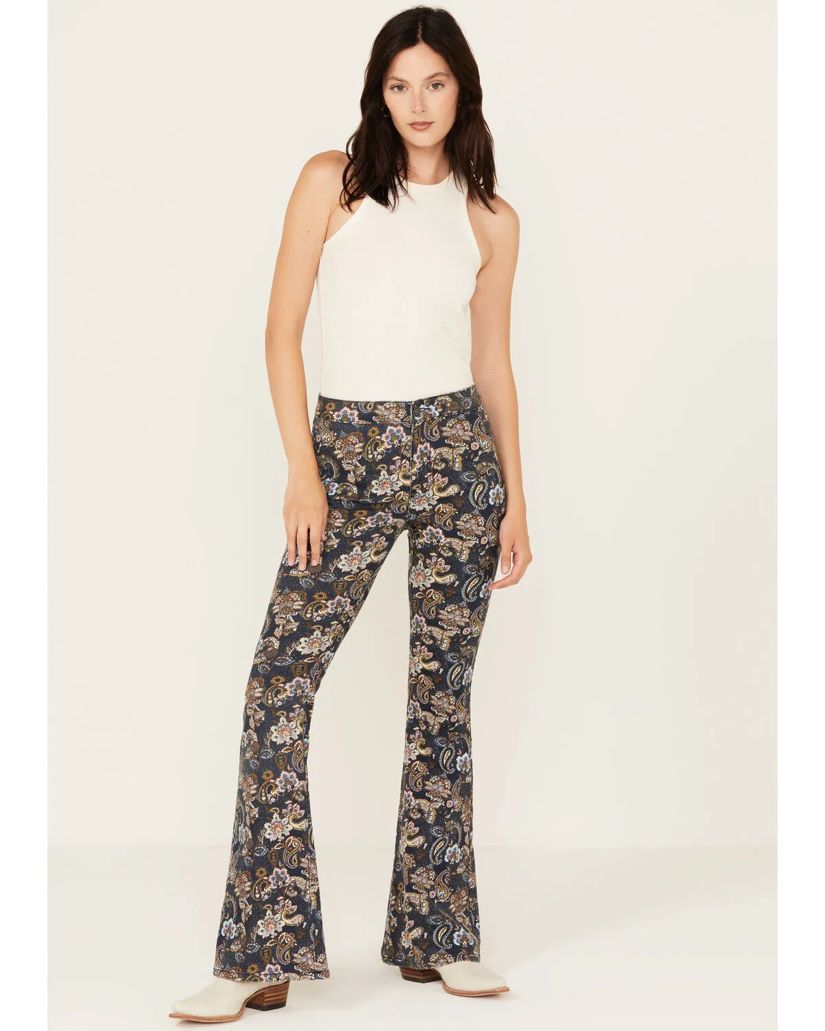 Product Name:  Rock & Roll Denim Women's Floral Print High Rise Button Bargain Bell Flare Jeans