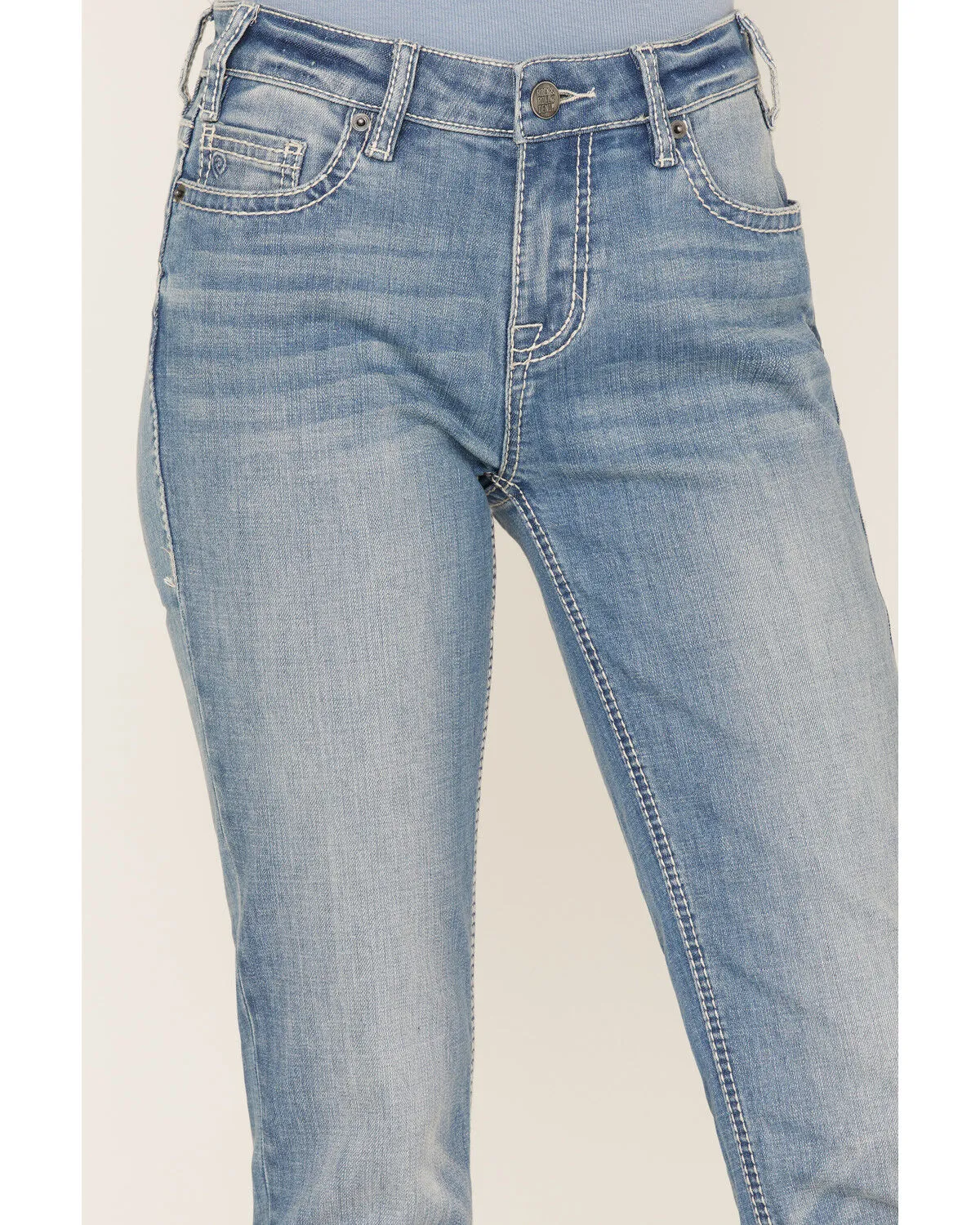 Product Name:  Rock & Roll Denim Women's Light Wash Mid Rise Straight Riding Jeans