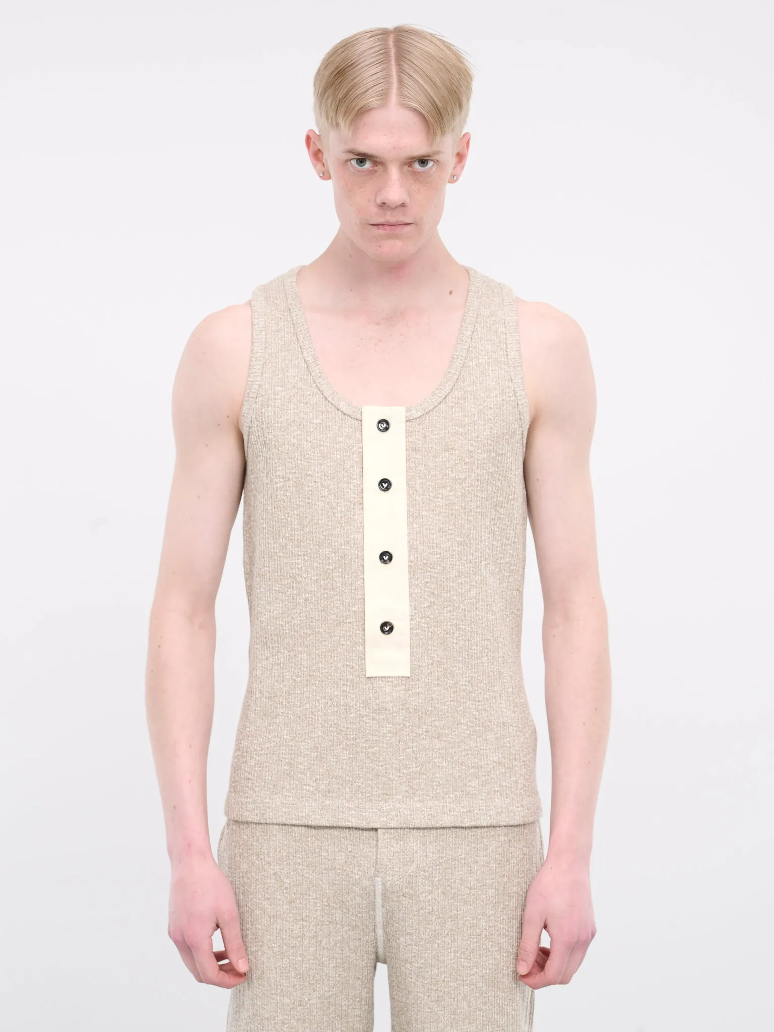 Rib-Knit Sleeveless Tank Top (779199V3WV0-2066-BEIGE-WHITE)