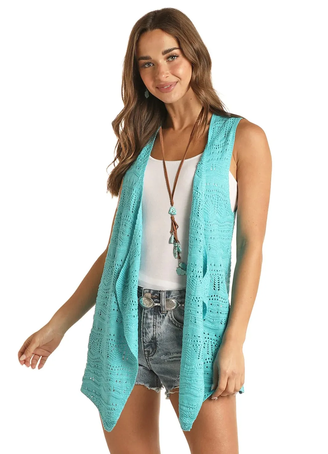 Rock & Roll Women's Flyaway Teal Sleeveless Crochet Vest RRWT38RZOK