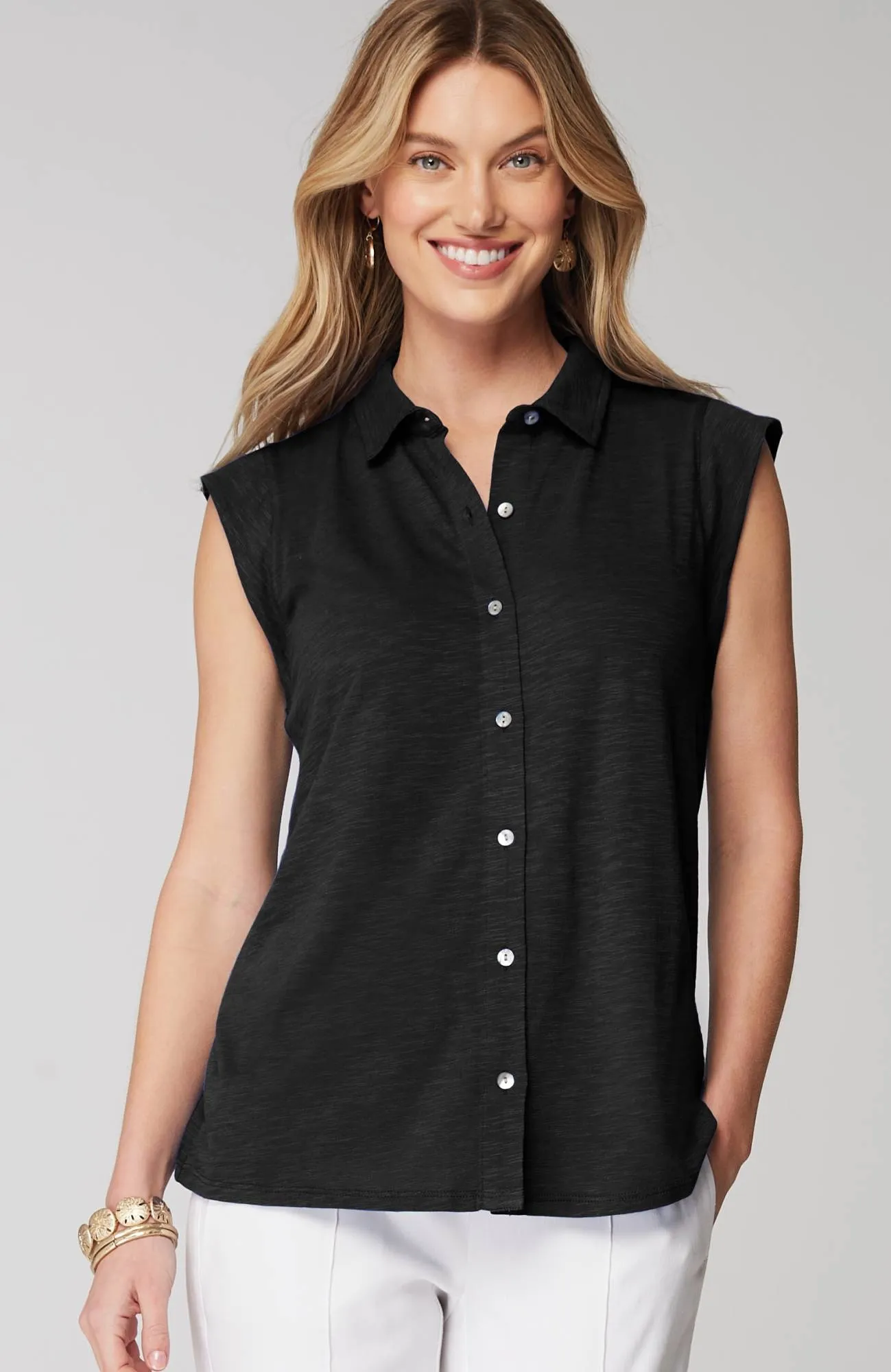 sleeveless button-front top