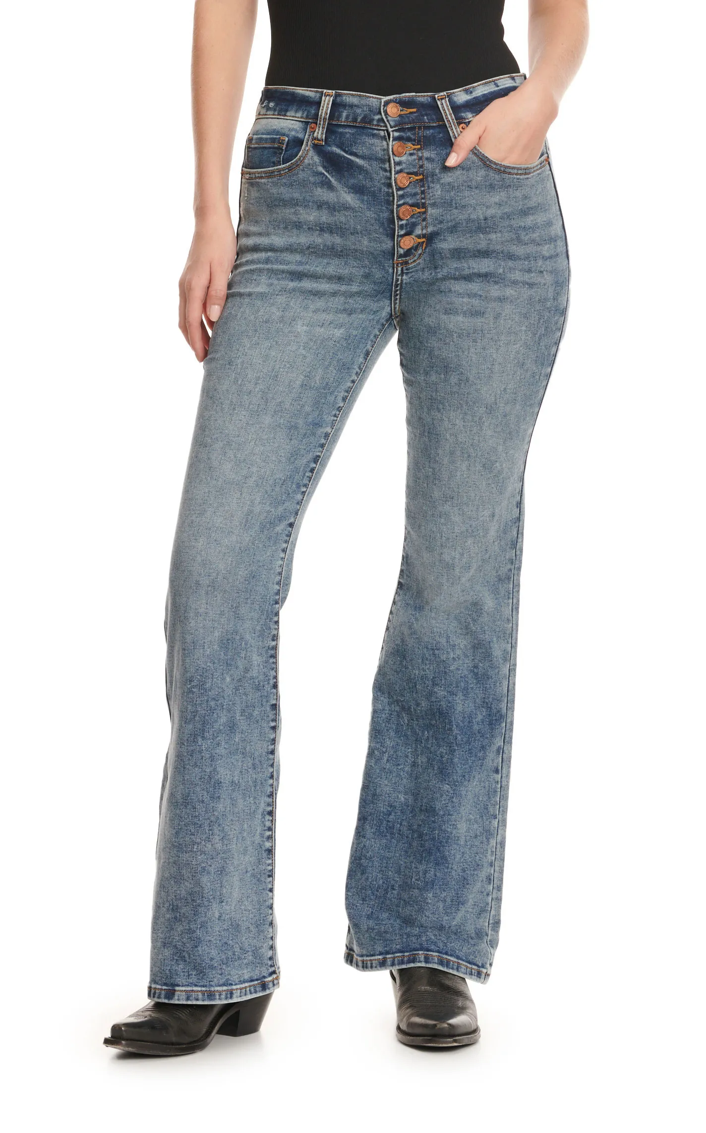 Sneak Peek Women's Medium Acid Wash High Rise Distressed Flare Leg Jeans