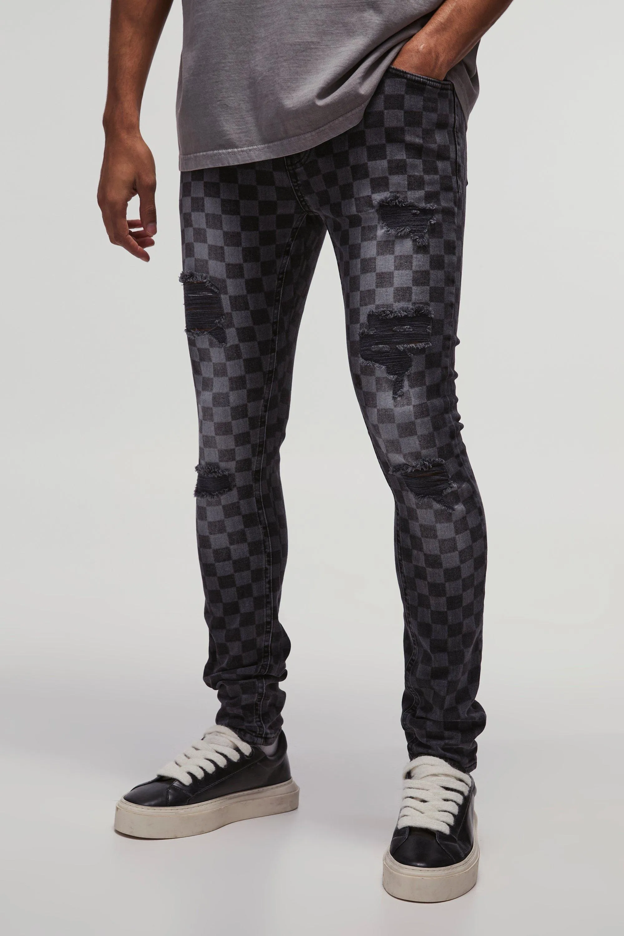 Super Skinny Stretch Checkerboard Ripped Denim Jeans