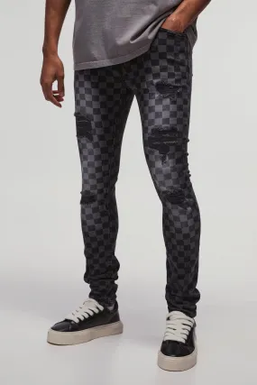 Super Skinny Stretch Checkerboard Ripped Denim Jeans