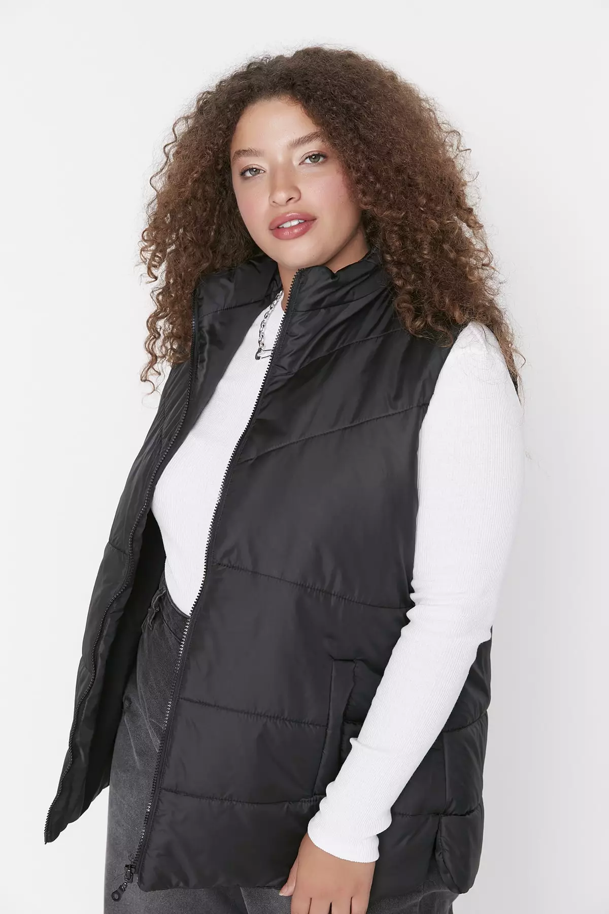 Trendyol Plus Size Black Stand-Up Collar Zippered Inflatable Vest with Pocket