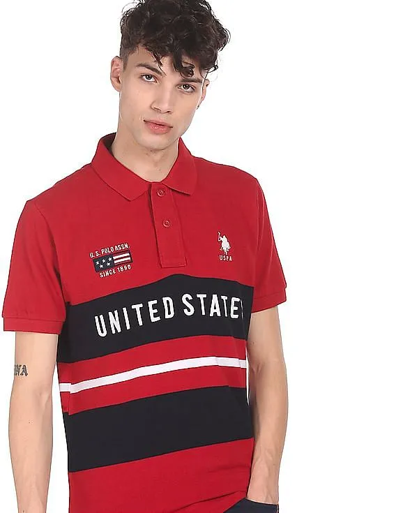 U.S. Polo Assn. Men Red Cotton Colour Block Polo Shirt