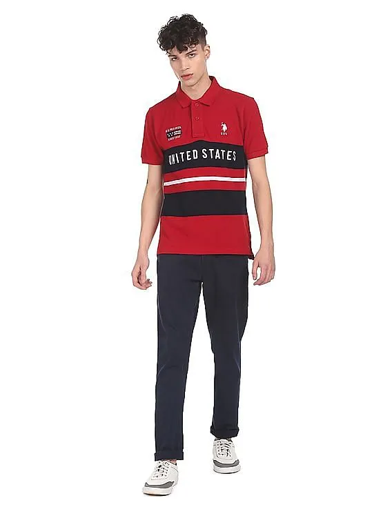 U.S. Polo Assn. Men Red Cotton Colour Block Polo Shirt