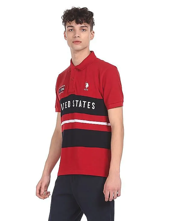 U.S. Polo Assn. Men Red Cotton Colour Block Polo Shirt