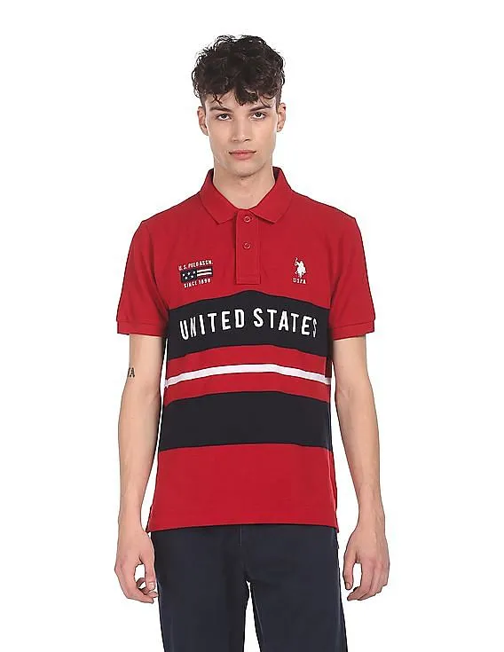 U.S. Polo Assn. Men Red Cotton Colour Block Polo Shirt