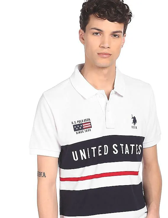 U.S. Polo Assn. Men White Cotton Colour Block Polo Shirt