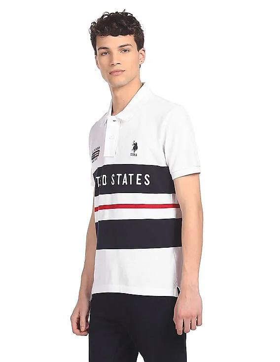 U.S. Polo Assn. Men White Cotton Colour Block Polo Shirt