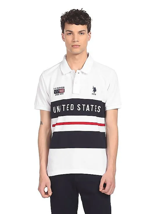 U.S. Polo Assn. Men White Cotton Colour Block Polo Shirt