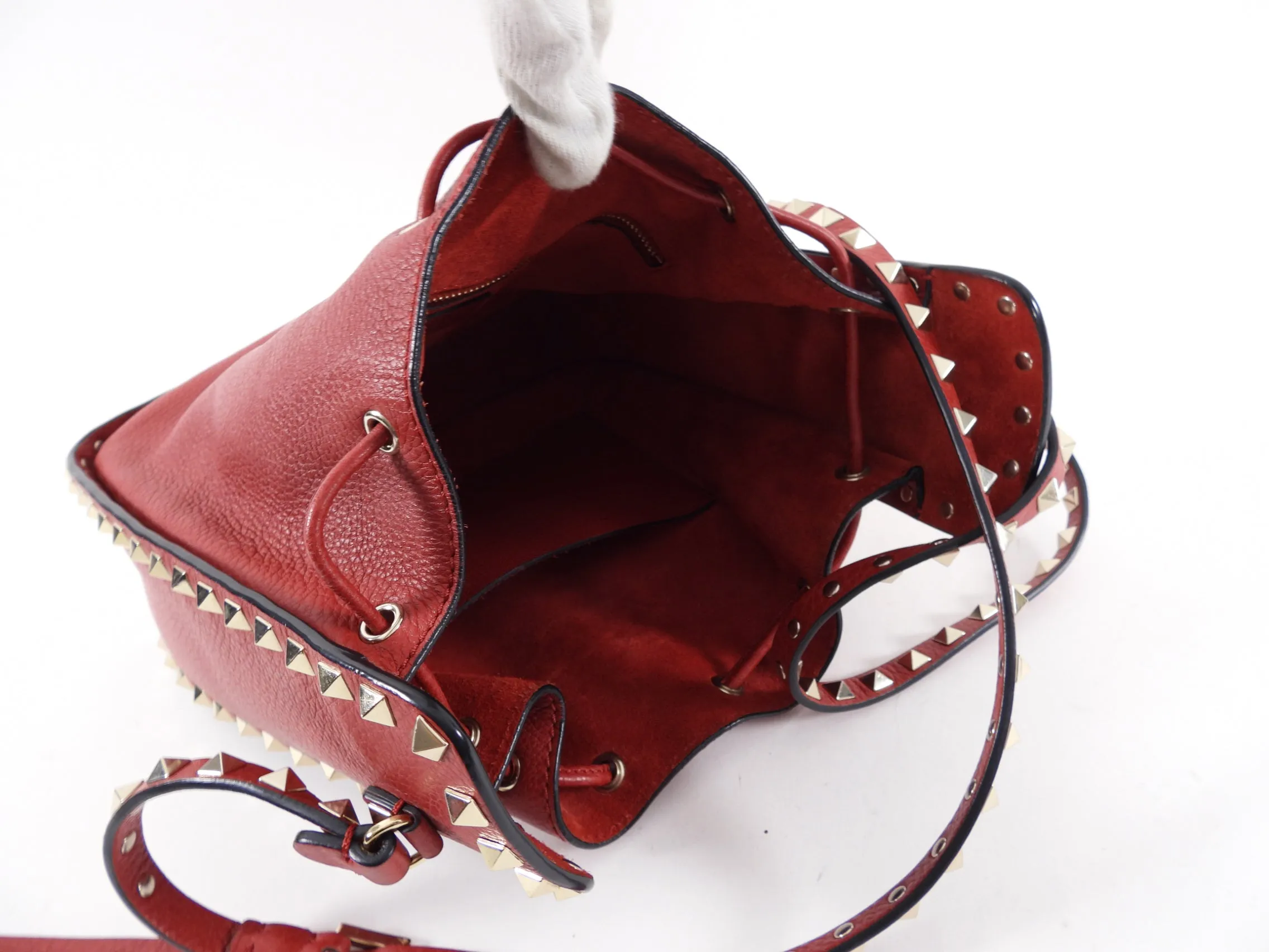 Valentino Red Leather Rockstud Drawstring Crossbody Bag