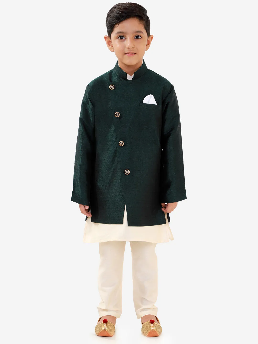 Vastramay Boys' Green Silk Blend Jacket, Kurta and Pyjama Set