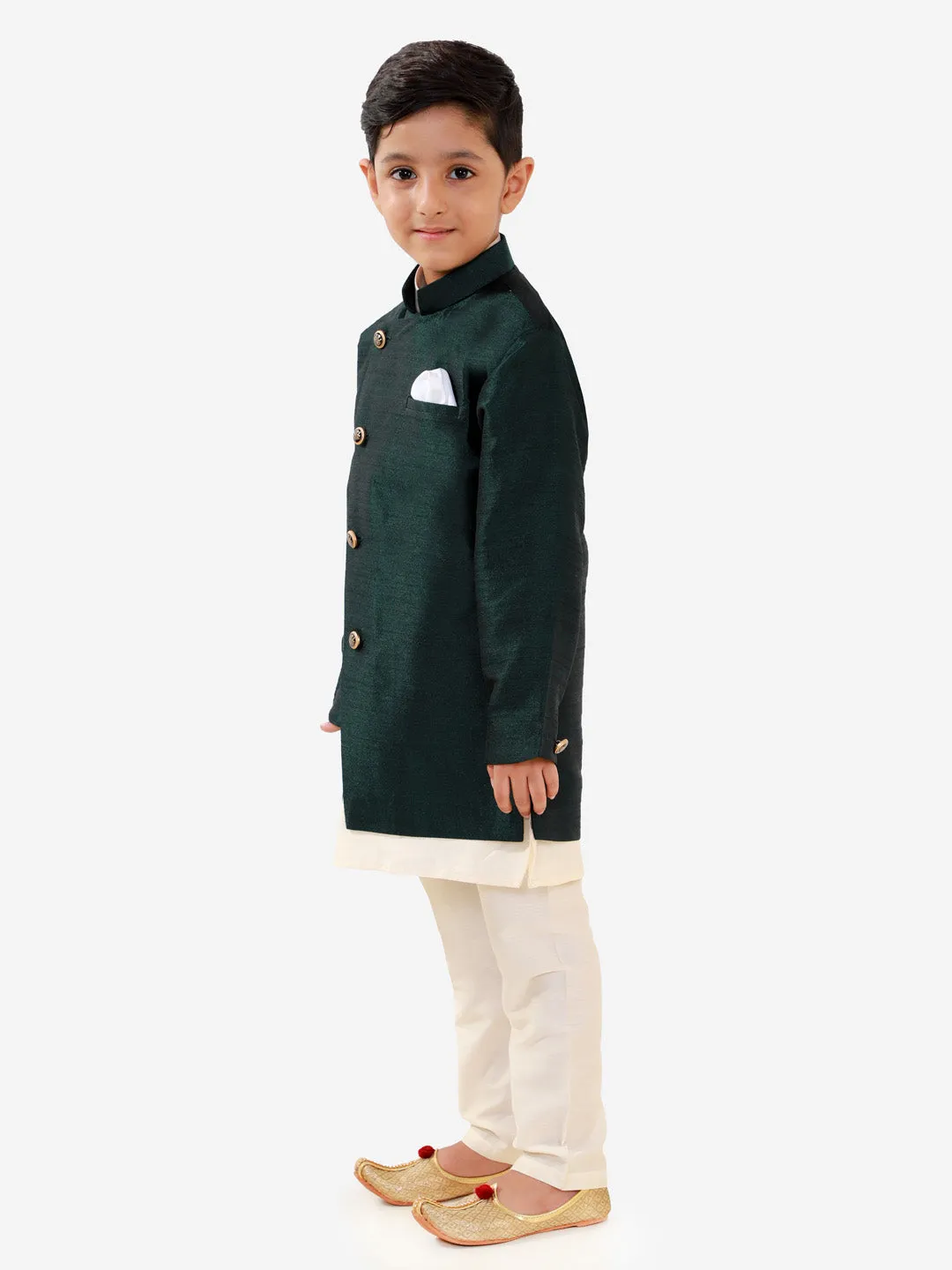 Vastramay Boys' Green Silk Blend Jacket, Kurta and Pyjama Set