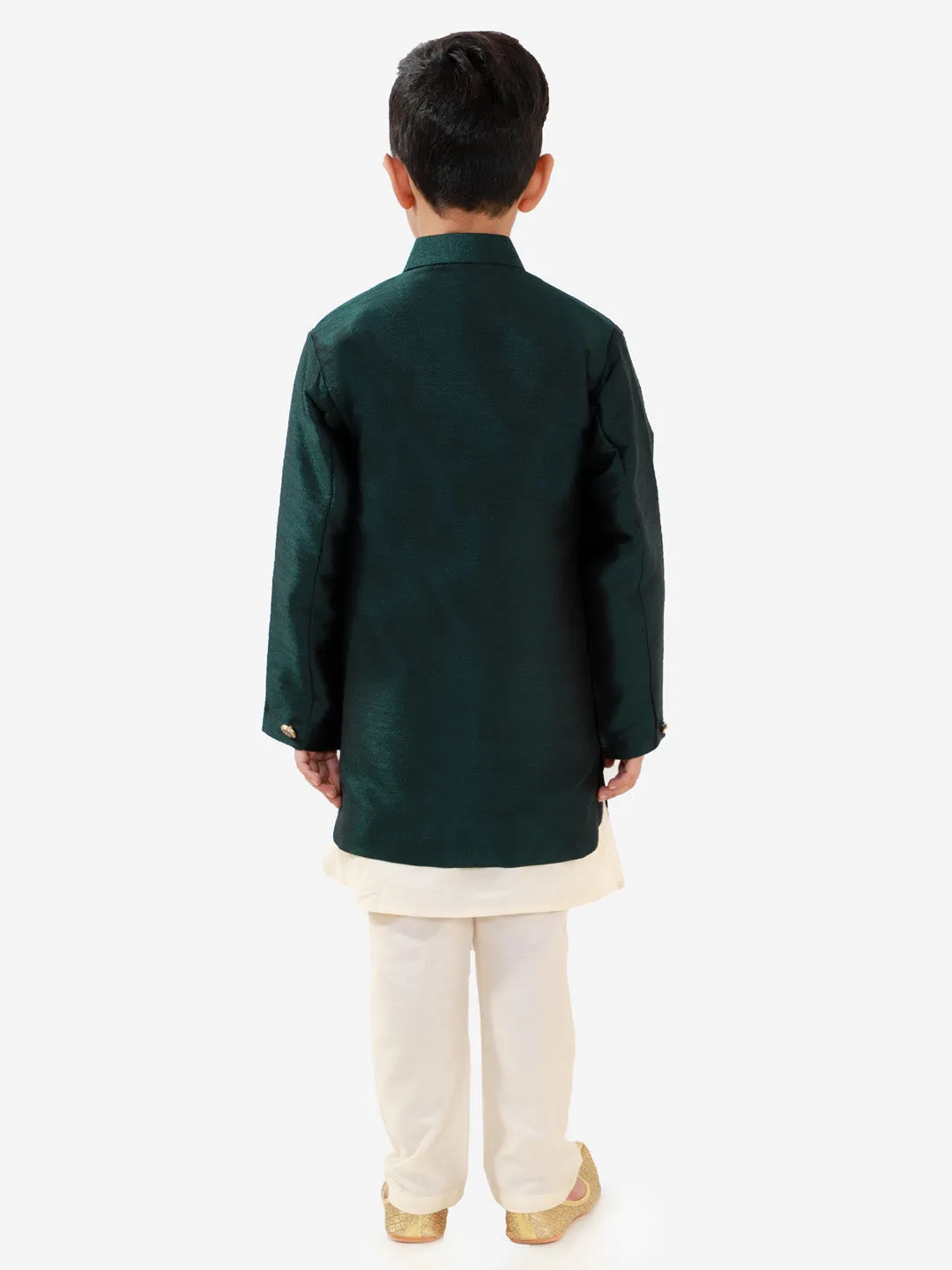 Vastramay Boys' Green Silk Blend Jacket, Kurta and Pyjama Set