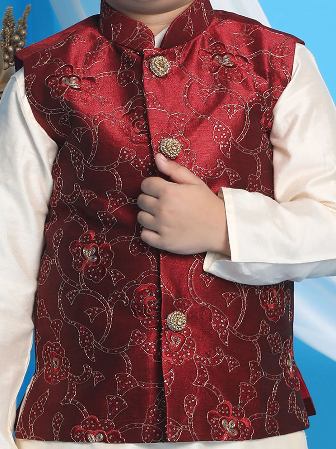 Vastramay Boy's Maroon Nehru Jacket With Cream Kurta And Pyjama Set