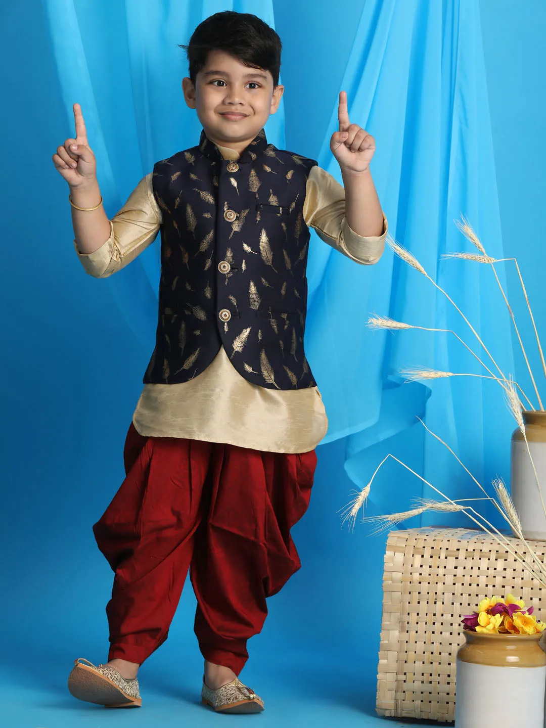 VASTRAMAY Boy's Navy Blue Golden Printed Nehru Jacket With Gold Kurta And Maroon Dhoti Set