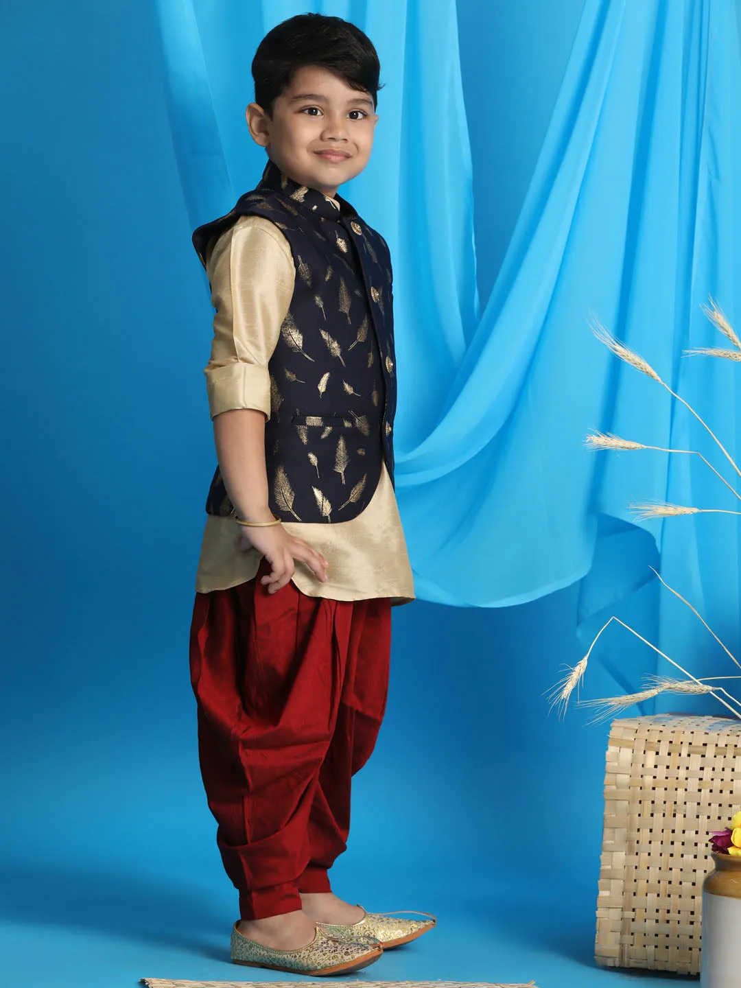 VASTRAMAY Boy's Navy Blue Golden Printed Nehru Jacket With Gold Kurta And Maroon Dhoti Set