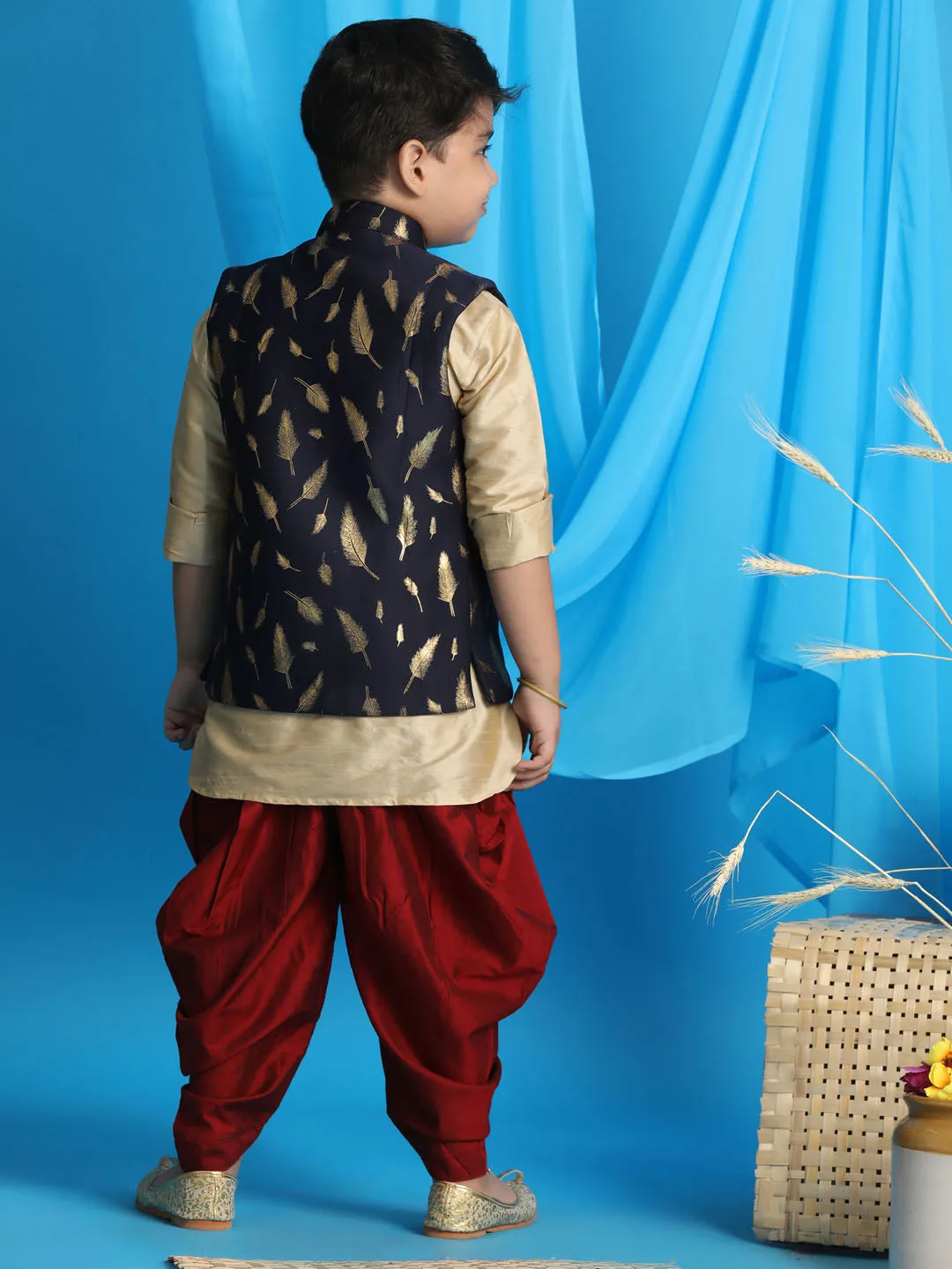 VASTRAMAY Boy's Navy Blue Golden Printed Nehru Jacket With Gold Kurta And Maroon Dhoti Set