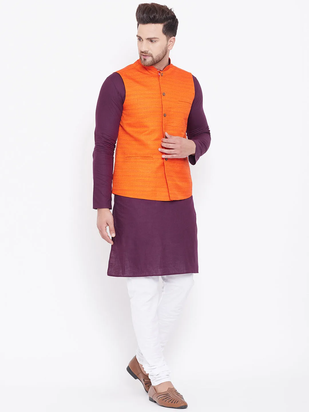 VASTRAMAY Orange, Purple And White Baap Beta Nehru Jacket Kurta Pyjama set