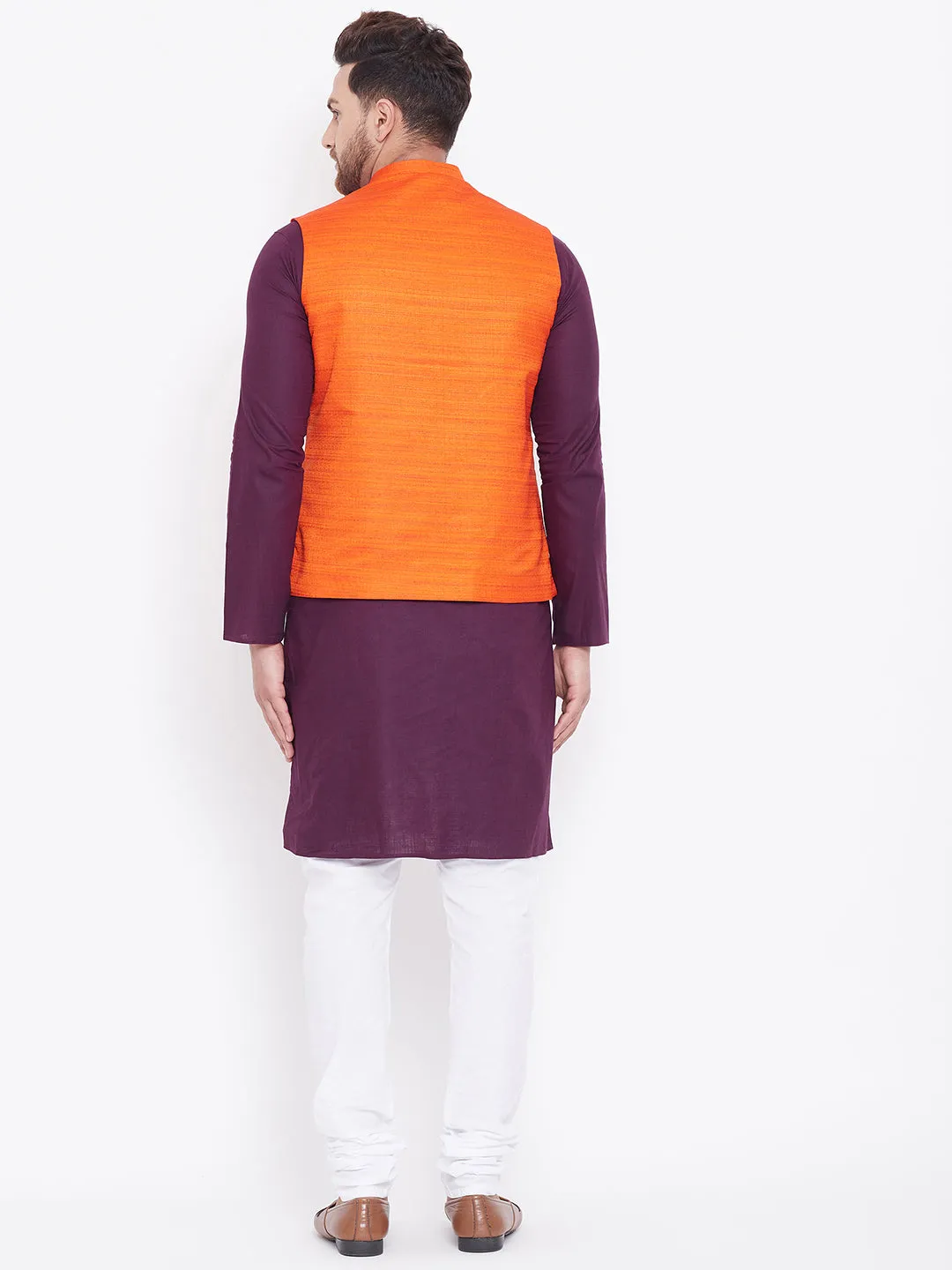 VASTRAMAY Orange, Purple And White Baap Beta Nehru Jacket Kurta Pyjama set