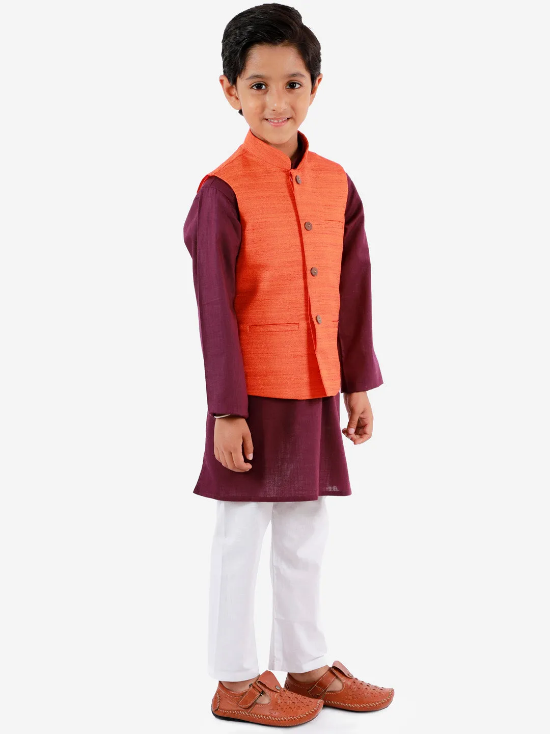 VASTRAMAY Orange, Purple And White Baap Beta Nehru Jacket Kurta Pyjama set